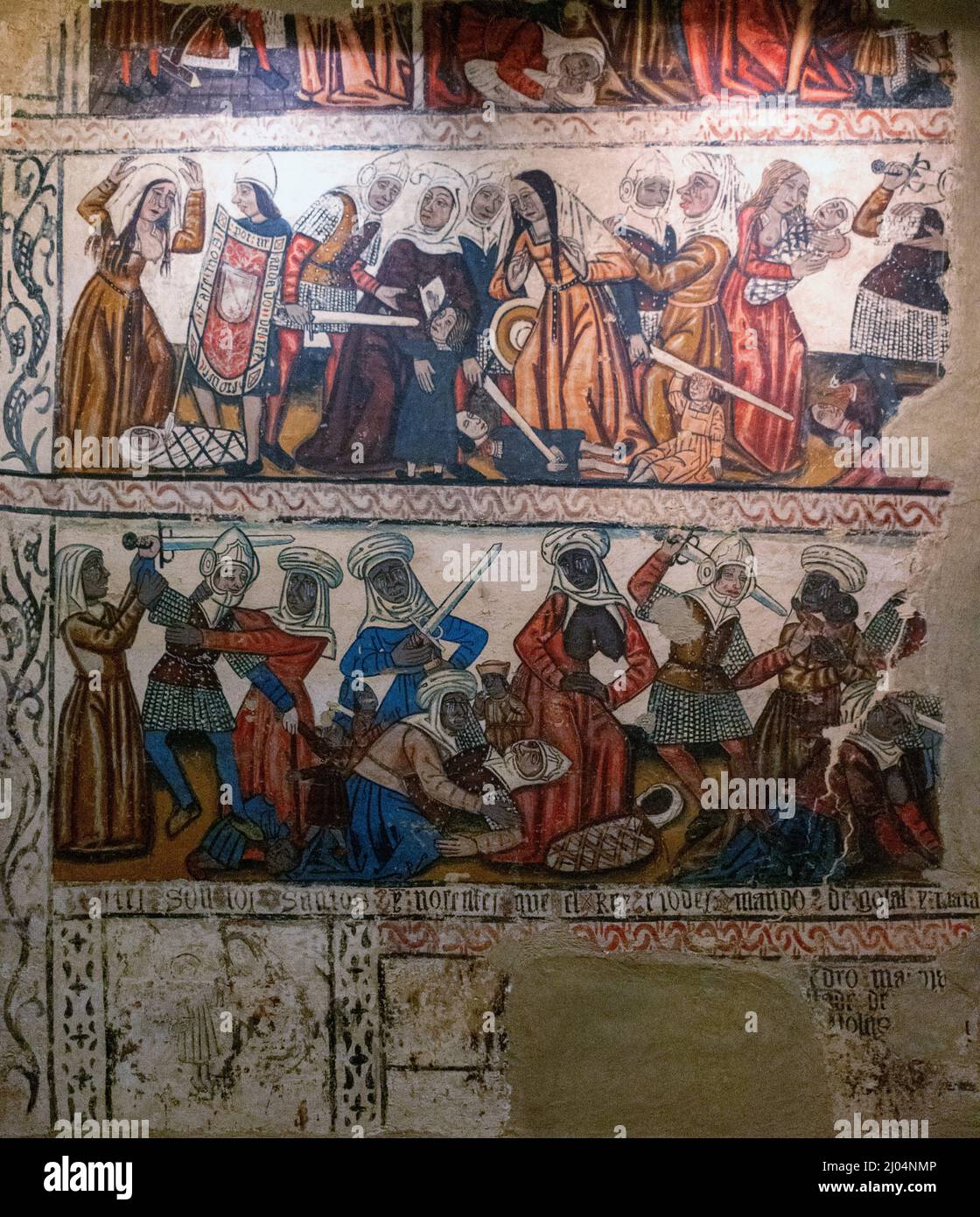 Pinturas murales de la navata centrale, siglo 14. Detalle. Catedral de Mondoñedo. Provincia de Lugo, Galizia, España. Foto Stock