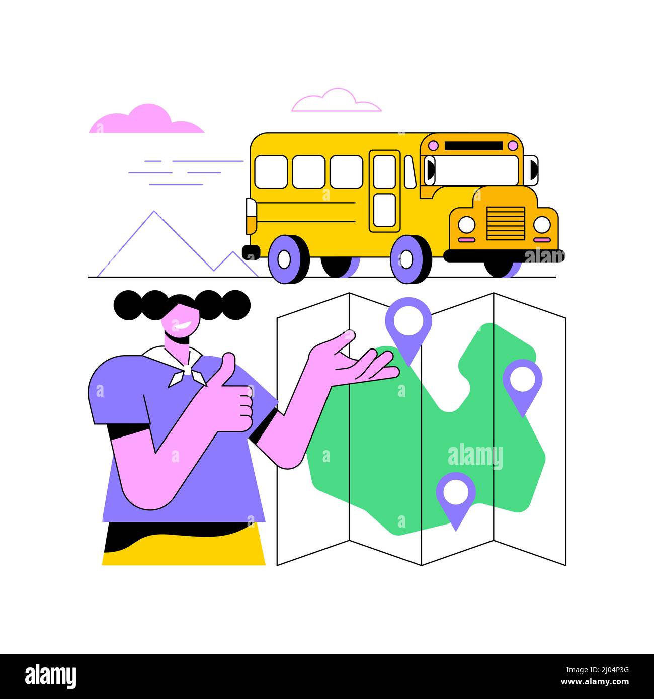 Illustrazione vettoriale del concetto astratto di viaggio sul campo. Gita scolastica, escursione scolastica, viaggio di gruppo studentesco, esplorazione della natura, escursione culturale, attività del processo scolastico metafora astratta. Illustrazione Vettoriale