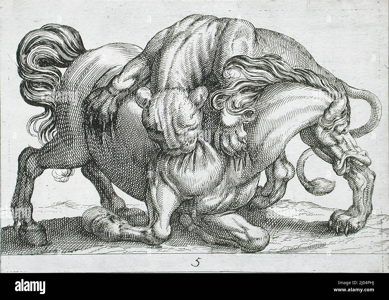 Un Leone che attacca un cavallo. Hendrik Hondius i (Fiandre, Duffel, 1573-circa 1649)Antonio Tempesta (After) (Italia, Firenze, 1555-1630). Olanda, 1610. Stampe; incisioni. Acquaforte Foto Stock