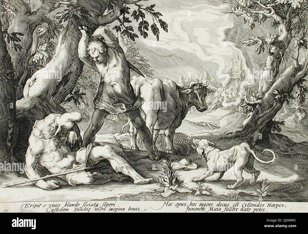 Mercurio uccidendo Argus. Hendrik Goltzius (dopo) (Olanda, Mülbracht, 1558-1617)Hendrik Goltzius (Paesi Bassi, Mülbracht [ora Bracht-am-Niederrhein], 1558-1617). Olanda, pubblicato il 1589. Stampe; incisioni. Incisione Foto Stock