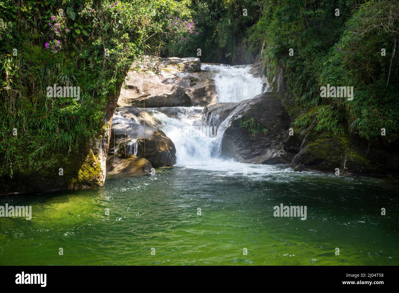 Splendida vista sulla verde cascata della foresta pluviale atlantica di Itatiaia Foto Stock