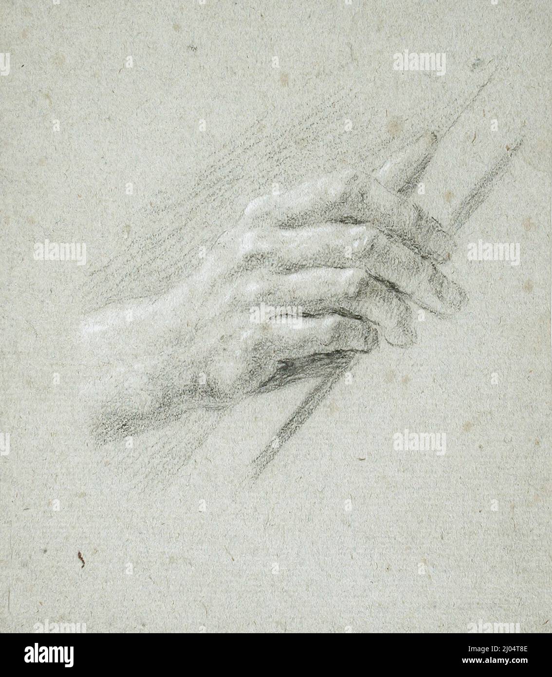 Studio di una mano. Italia, 17th secolo. Disegni. Gesso nero, accentuato con bianco su carta grigio-blu Foto Stock