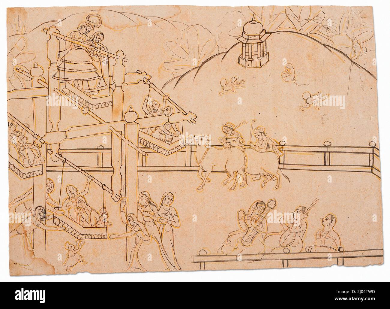 Krishna e il Gopis Ride a Ferris Wheel in un Village Festival. India, Rajasthan, Kota, circa 1825. Disegni. Inchiostro sulla carta Foto Stock