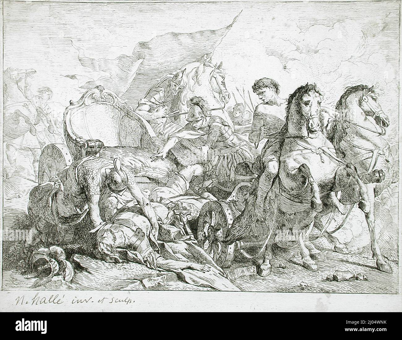 Antioco gettato dal suo Chariot. Nöel Hallé (Francia, Parigi, 1711-1781). Francia, 1739. Stampe; incisioni. Acquaforte Foto Stock