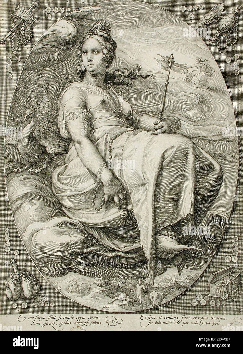 Juno. Jan Pietersz. Saenredam (Olanda, Zaandam, circa 1565-1607)Hendrik Goltzius (dopo) (Olanda, Mülbracht, 1558-1617). Olanda, 1596. Stampe; incisioni. Incisione Foto Stock