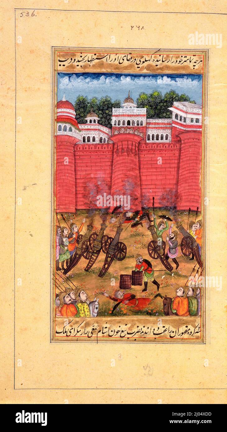 A) Shah Jahan guarda l'assalto al Forte di Daulatabad nel 1633; b) cattura del Forte di Daulatabad nel 1633, Folio dal Padshahnama di Lahori. India, Delhi, impero di Mughal, circa 1800. Disegni; acquerelli. Acquerello opaco, oro e inchiostro su carta Foto Stock