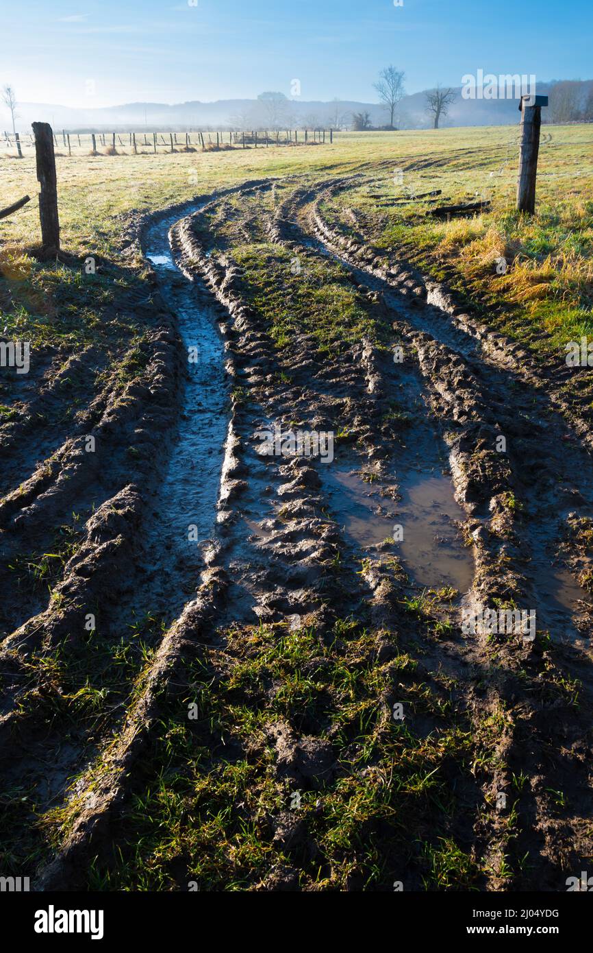 Il veicolo segue un percorso di campagna fangoso che conduce a un prato Foto Stock