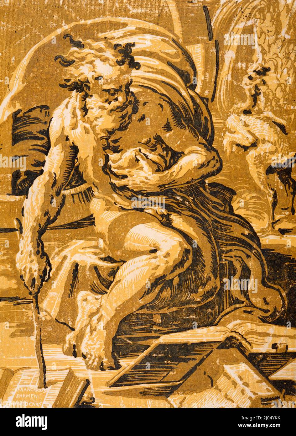 Diogenes. Ugo da Carpi (Italia, Carpi, circa 1468/70-1532)Francesco Parmigianino (Italia, 1503-1540). Italia, circa 1527-1530; stampa successiva. Stampe; tagli di legno. Chiaroscuro legno tagliato da quattro blocchi Foto Stock