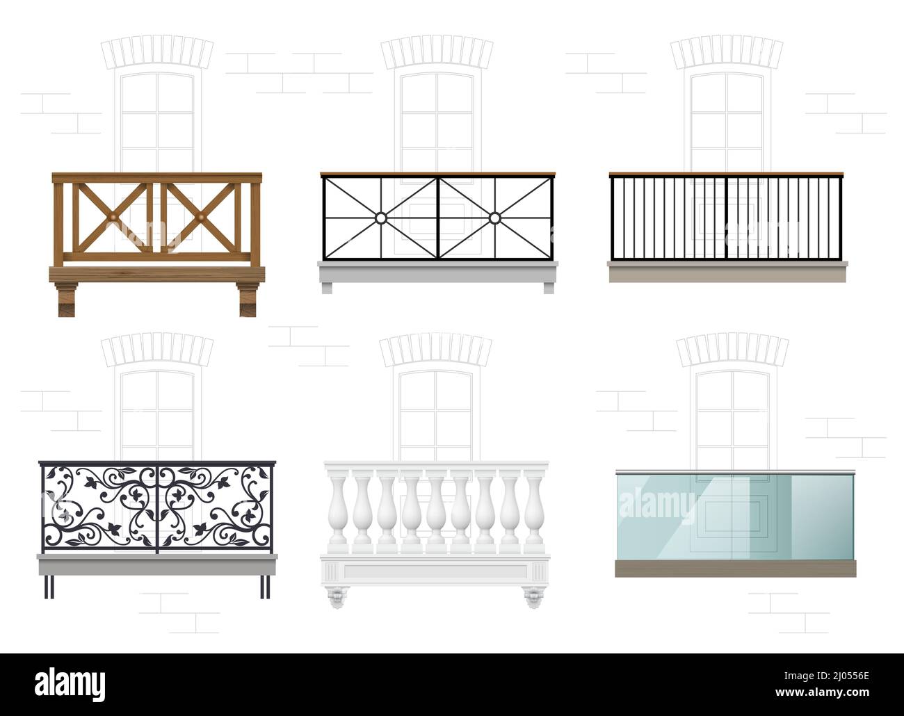 Set di balconi diversi sulla facciata Illustrazione Vettoriale