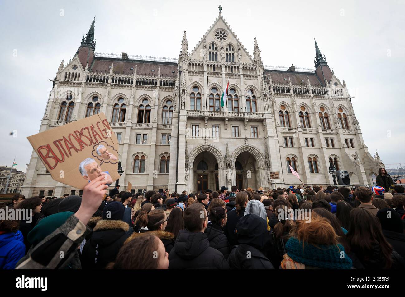 Ungheria, Budapest - MARZO 16: Sciopero educativo a Budapest, il 16 Marzo 2022 in Ungheria. Oggi gli studenti hanno dimostrato davanti al parlamento ungherese il primo giorno dello sciopero degli insegnanti. Molti giovani, con bandiere, tiene un cartello durante una dimostrazione. La lavagna recita: “Paese stupido”. I salari degli insegnanti ungheresi non raggiungono la quantità del salario minimo ungherese, quindi l’Unione degli insegnanti dichiara uno sciopero per un periodo di tempo indeterminato. Credit: Gabriella Barbara/ Alamy Live News Foto Stock