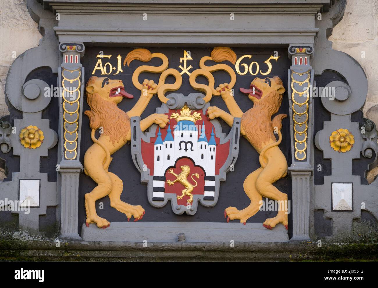 Stemma al portale Weser-Renaissance, Hannoversch Münden, bassa Sassonia, Germania, Europa Foto Stock