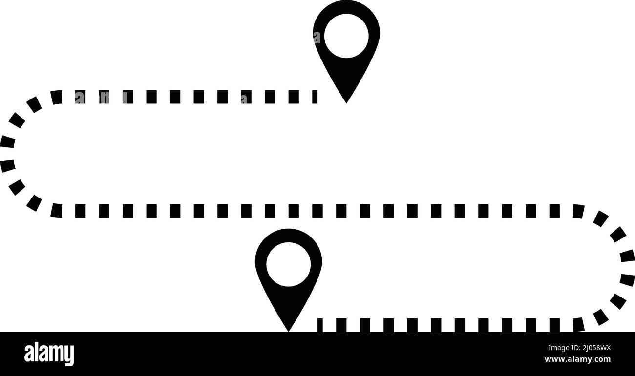 Una linea tratteggiata che collega un pin della mappa a un pin della mappa. Distanza. Vettori modificabili. Illustrazione Vettoriale