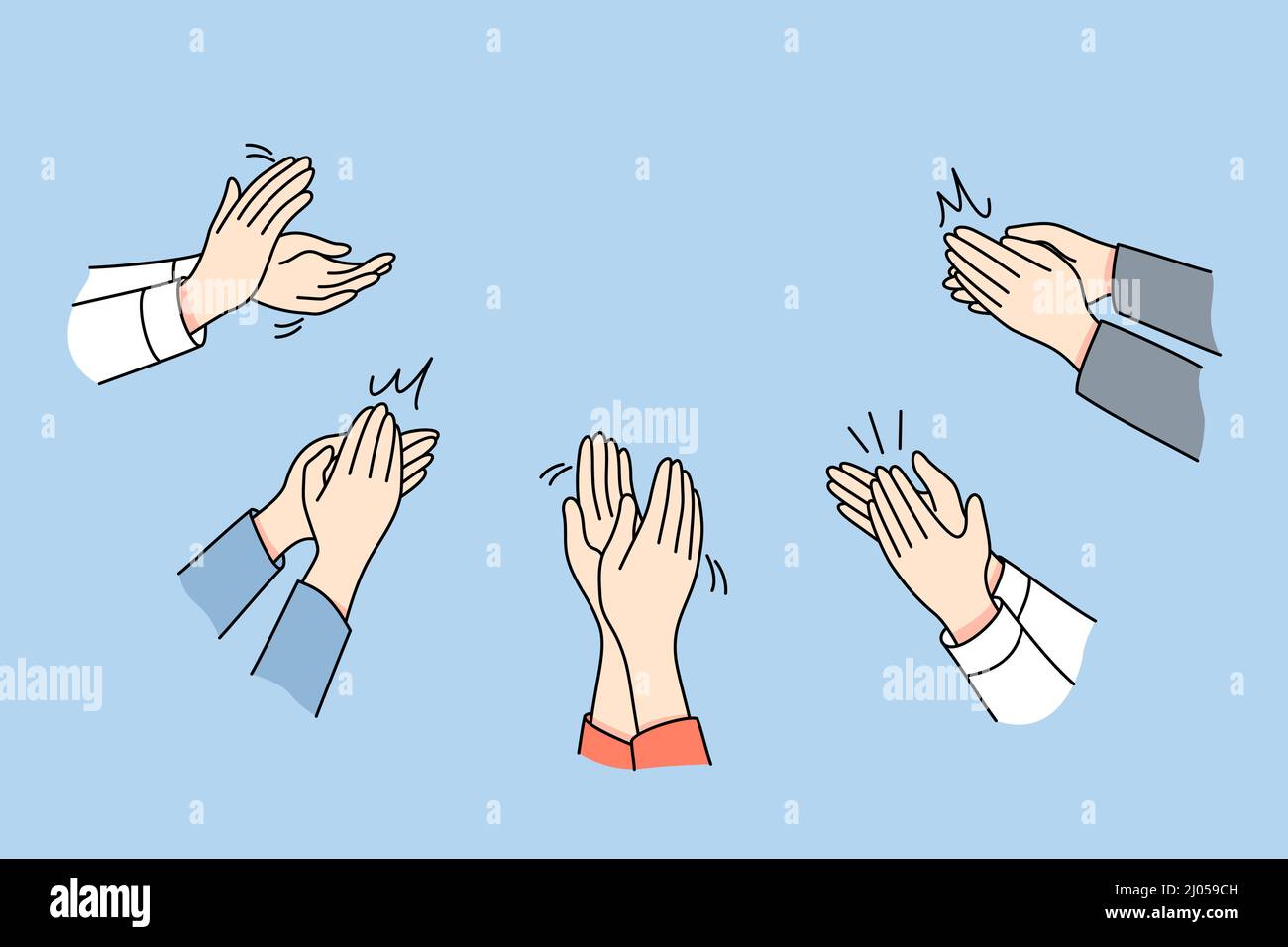 Il primo piano di persone diverse crap mani mostrare apprezzamento e riconoscimento. Uomini e donne uomini d'affari applaudono si sentono grati per aver presentato. Illustrazione vettoriale. Illustrazione Vettoriale