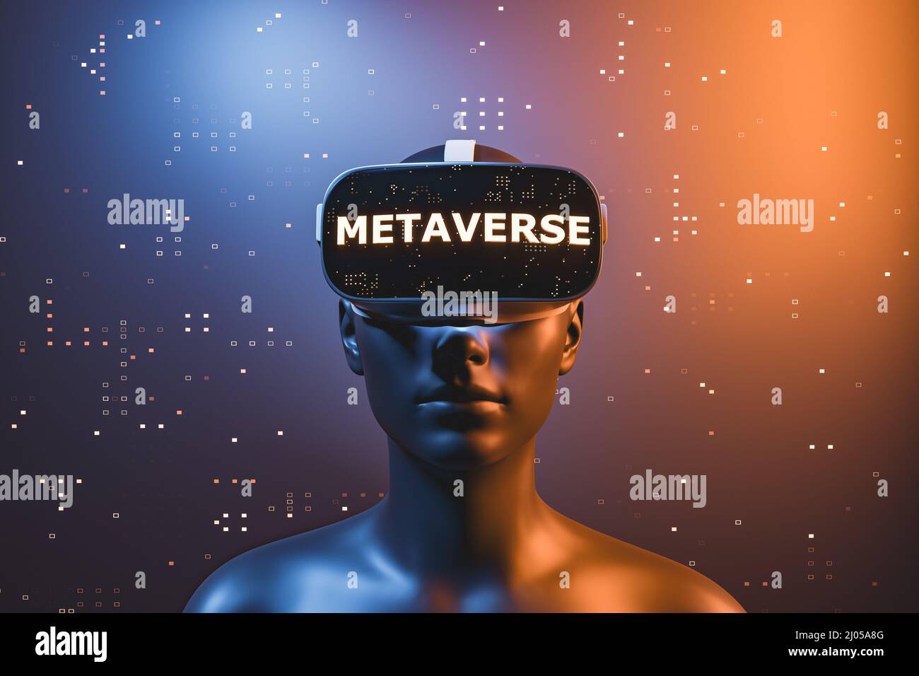 3D personaggio di una ragazza con occhiali di realtà virtuale con la parola METAVERSE. Metaverse concetto, futuro, gioco per guadagnare, criptovalute, tecnologia e. Foto Stock