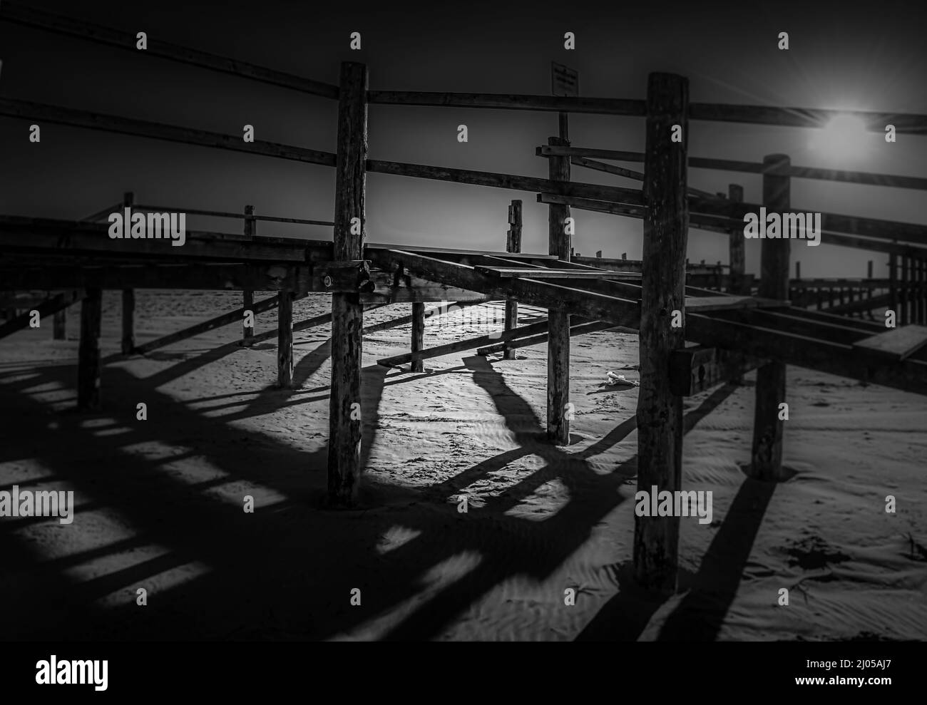 Palafitte a San Pietro-Ording Costa del Mare del Nord in Germania in cielo azzurro e luce calda Foto Stock