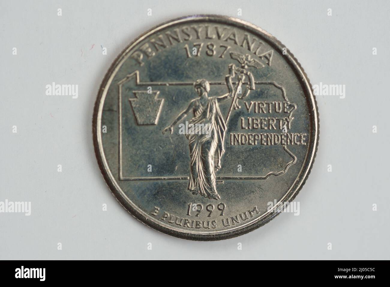 Una moneta da un quarto di dollaro (25 centesimi) con l'immagine della Pennsylvania (stato Keystone), Stati Uniti. Foto Stock