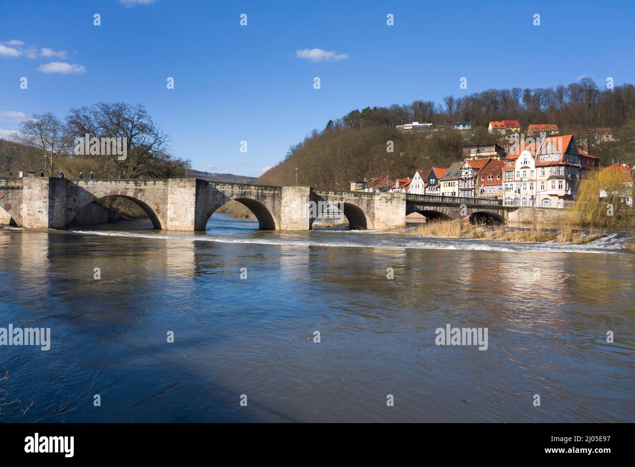Ponte Old Werra, fiume Werra, Hannoversch Münden, bassa Sassonia, Germania, Europa Foto Stock