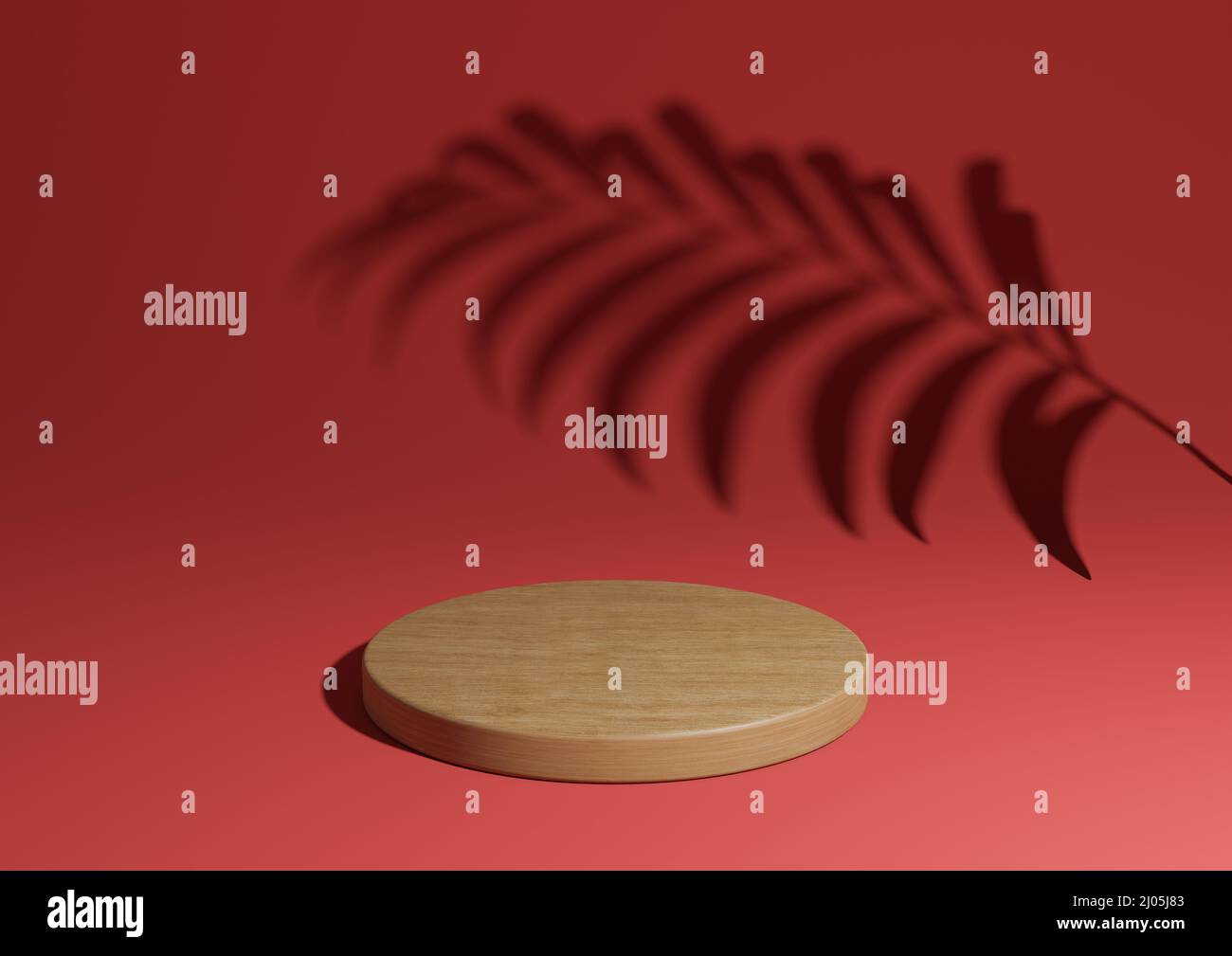 Marrone chiaro, rosso scuro semplice 3D rendono minimo la composizione del prodotto naturale display con un podio di legno o stand con ombra di foglia di palma sullo sfondo Foto Stock