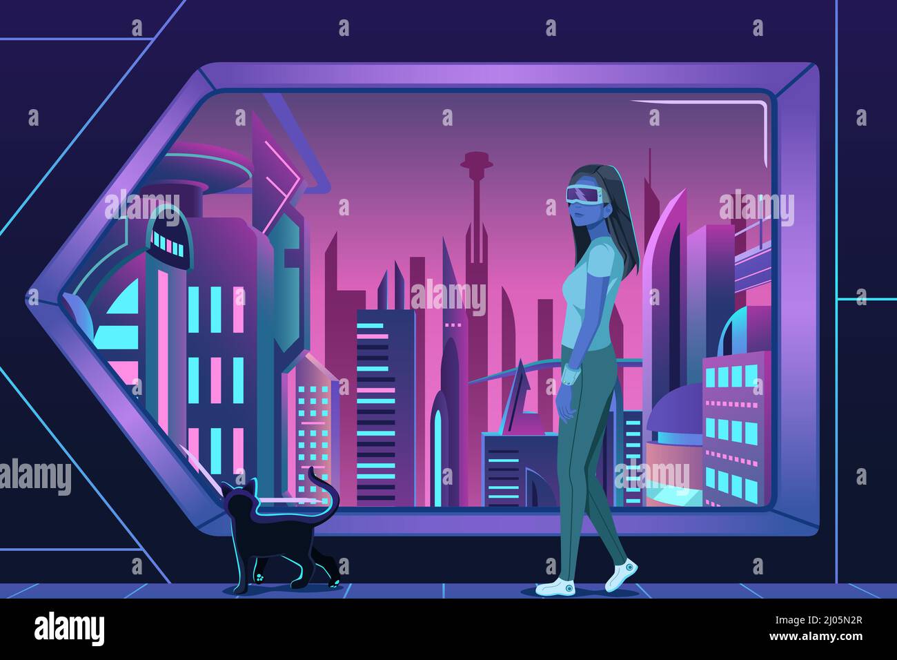 Un'illustrazione vettoriale di Cyberpunk Girl futuristico paesaggio urbano Illustrazione Vettoriale