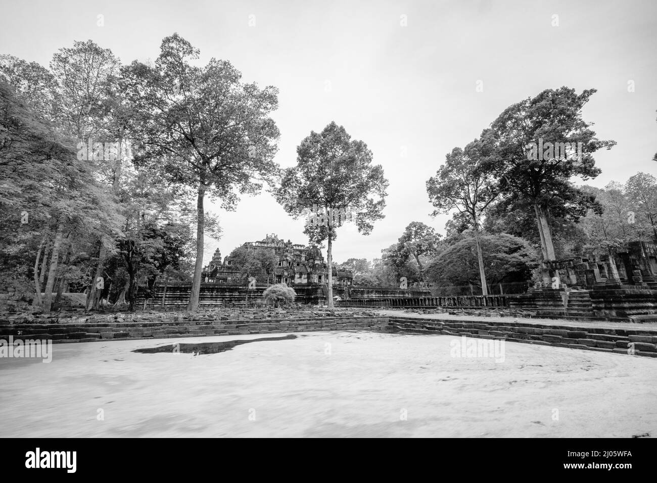 Vista in bianco e nero di un piccolo uomo fatto stagno vicino al sito archeologico di Baphuon a Siem Reap, Cambogia. Foto Stock