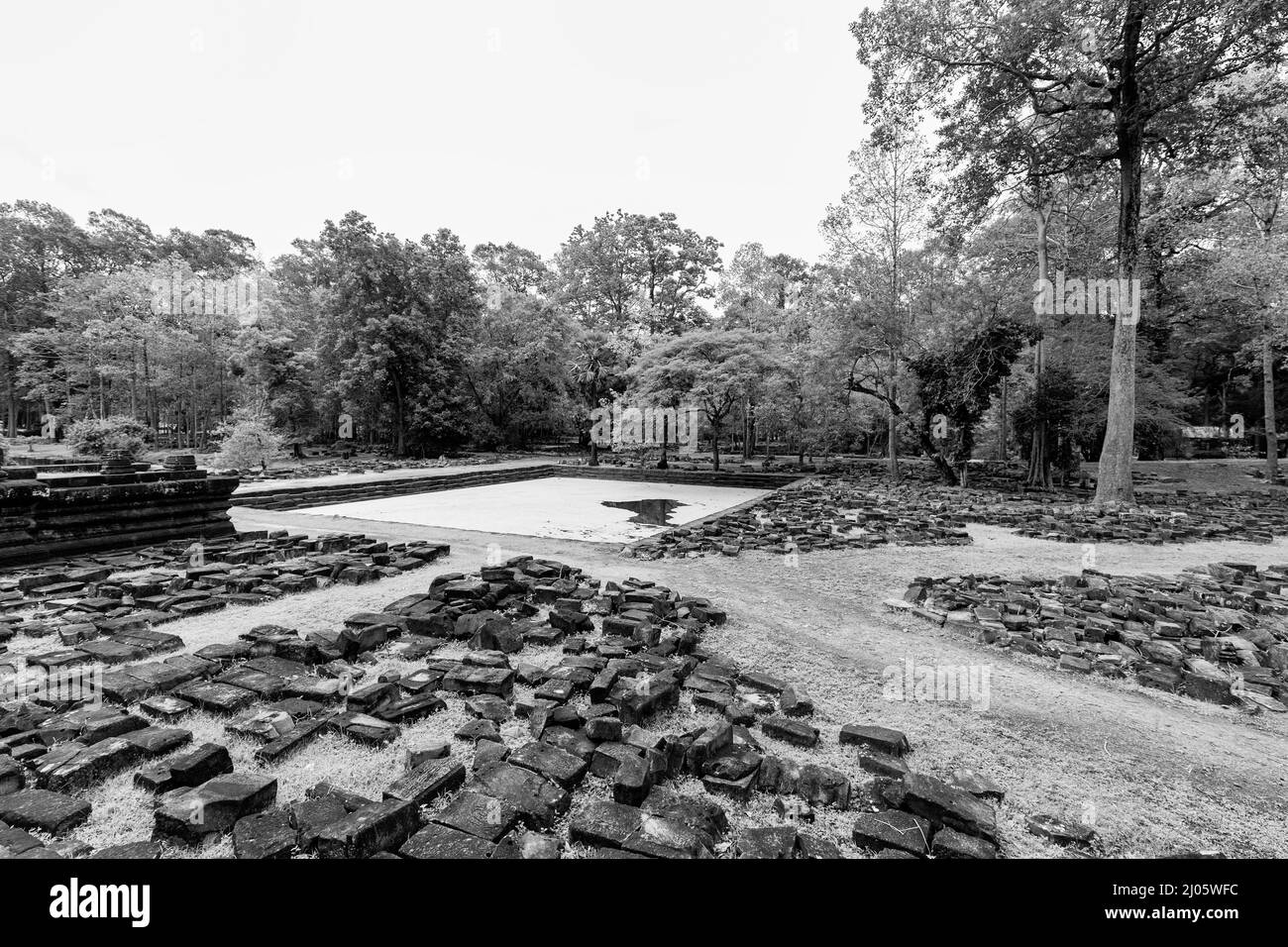 Vista in bianco e nero di un piccolo uomo fatto stagno vicino al sito archeologico di Baphuon a Siem Reap, Cambogia. Foto Stock