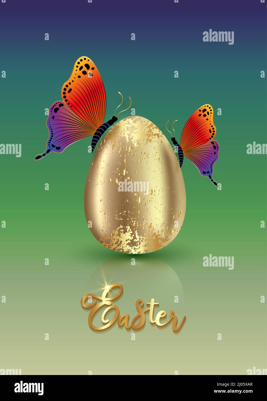Uovo d'oro realistico con farfalle colorate di lusso, concetto di Pasqua illustrazione vettoriale isolato su sfondo colorato gradiente Illustrazione Vettoriale