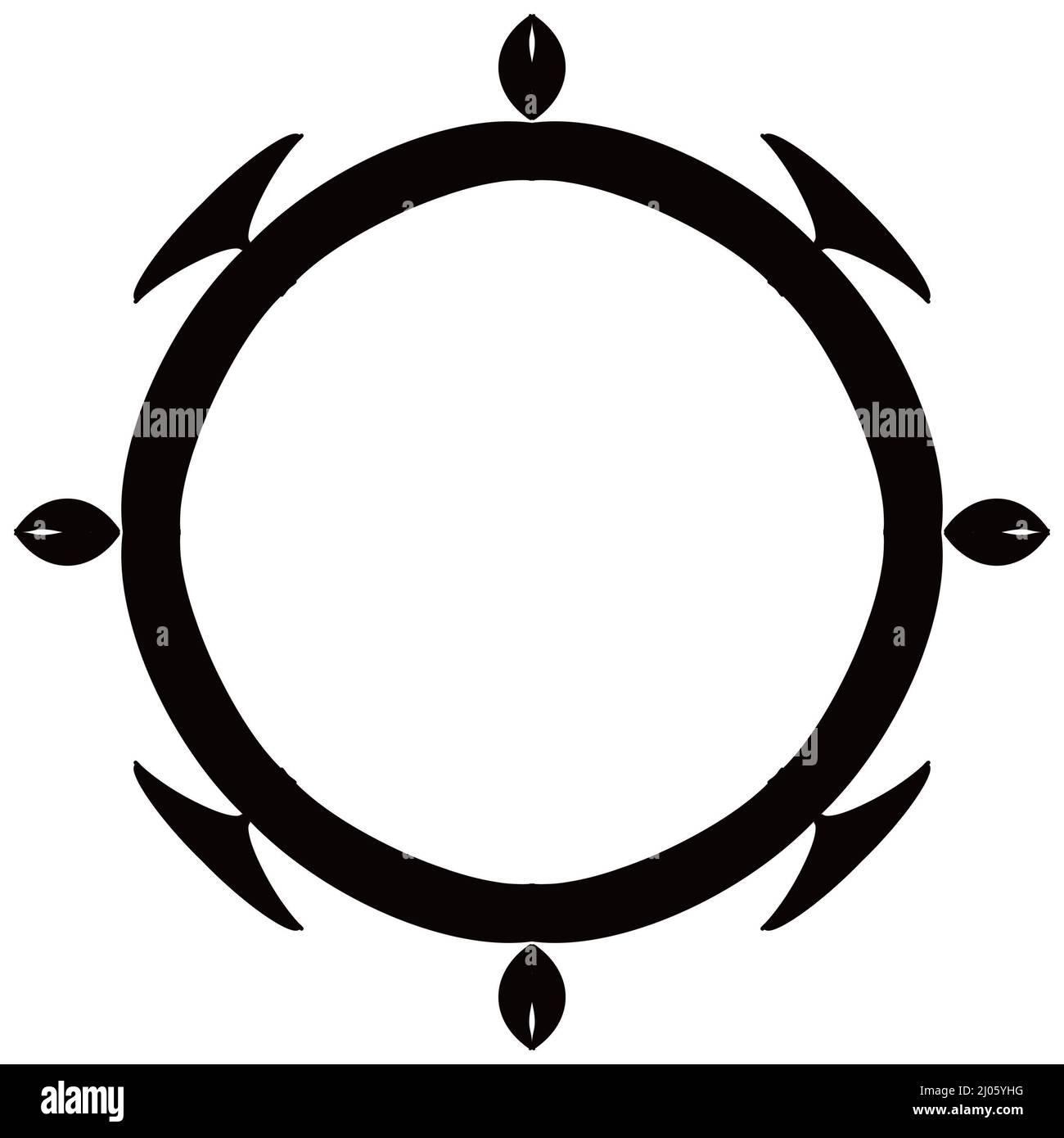 Cornice circolare con elementi geometrici neri su sfondo bianco quadrato. Illustrazione a intaccatura dipinta a mano. Foto Stock