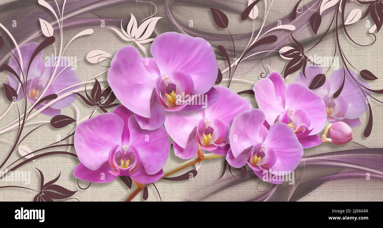 Orchidee rosa su tessuto tessuto tessuto tessuto tessuto tessuto. 3d carta da parati Foto Stock
