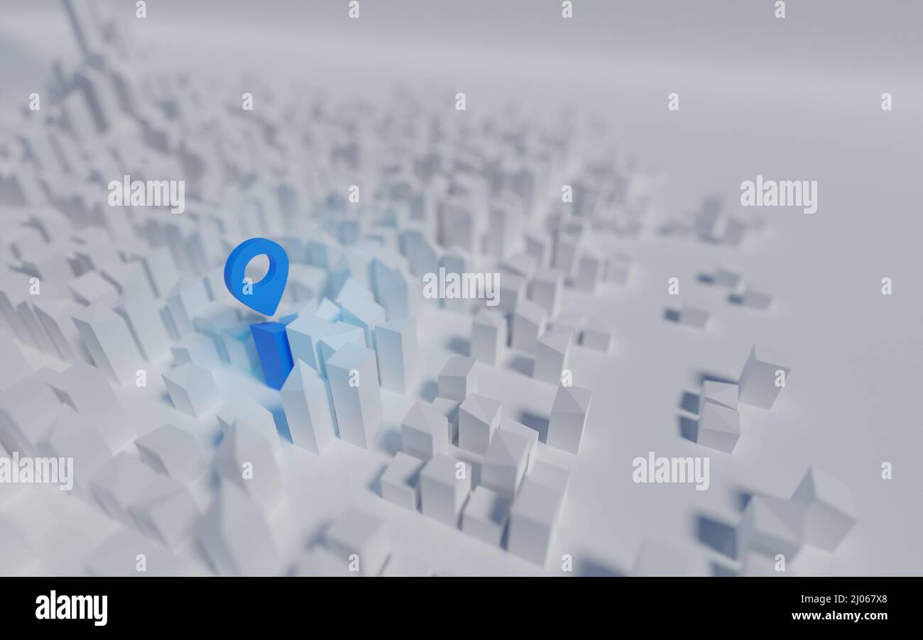 Moderno concetto di città bianca con simbolo GPS. Rendering digitale 3D. Foto Stock