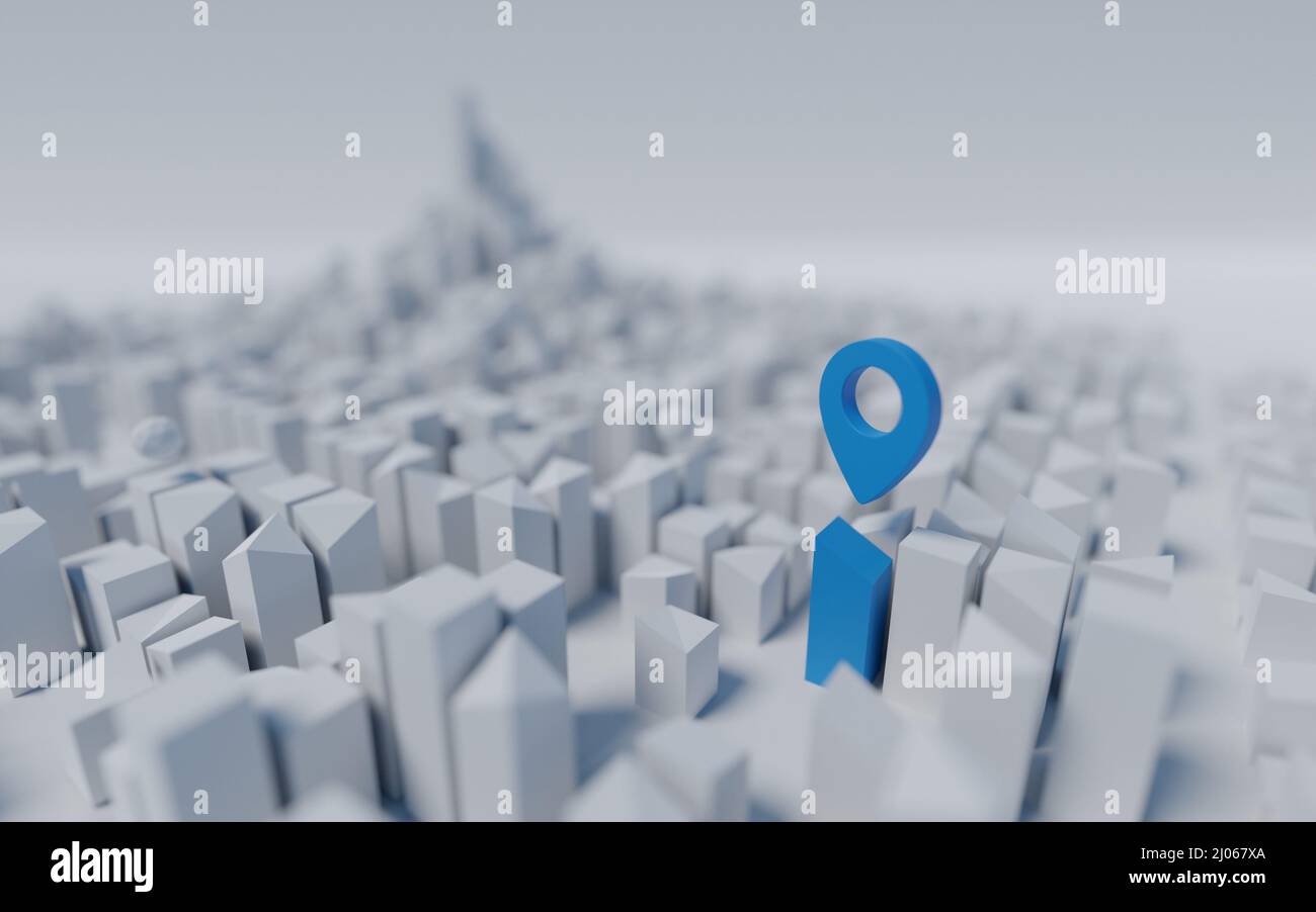 Moderno concetto di città bianca con simbolo GPS. Rendering digitale 3D. Foto Stock