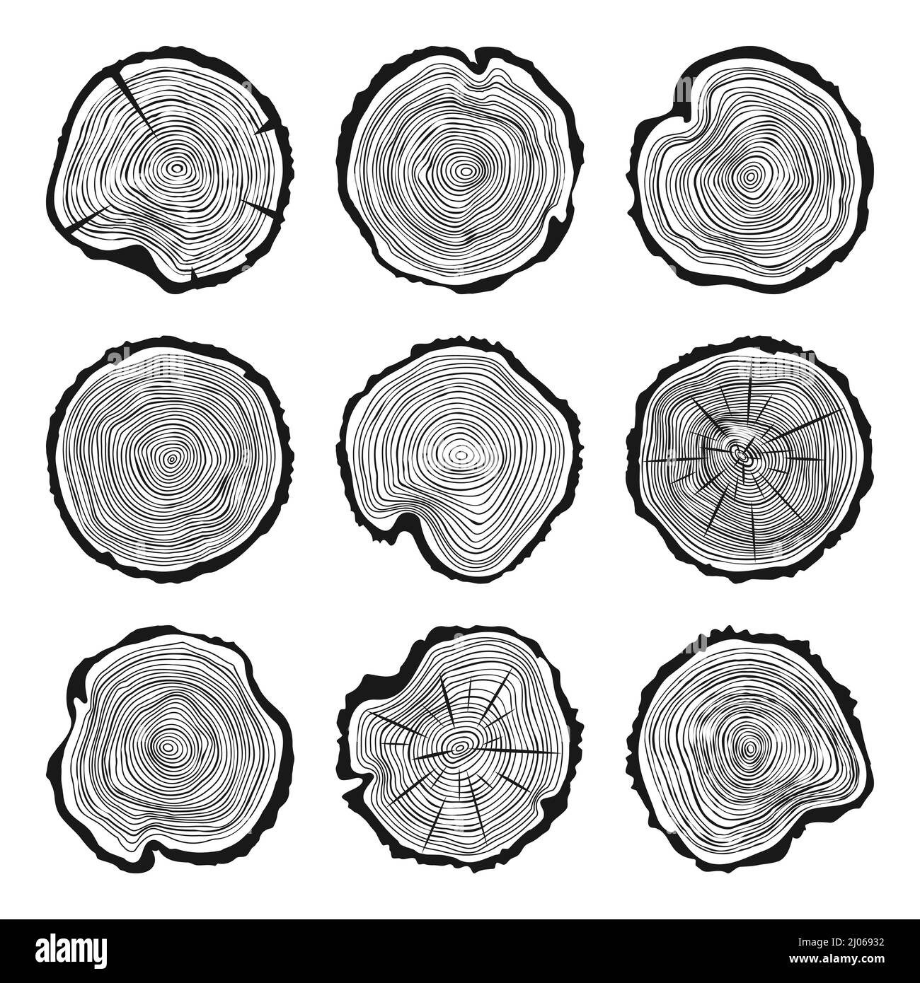 Tagli di tronco di albero tondo con crepe, segato pino o fette di quercia, legname. Legname tagliato da poco, legno. Tessitura di legno con anelli di albero. Schizzo disegnato a mano. Vettore Illustrazione Vettoriale