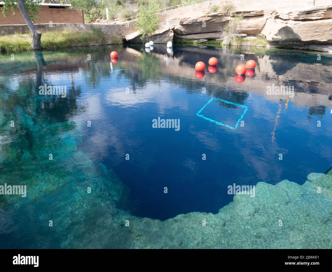 Acqua blu limpida al Blue Hole di Santa Rosa, New Mexico, con galleggianti rossi e bianchi, popolari tra nuotatori e subacquei. Foto Stock