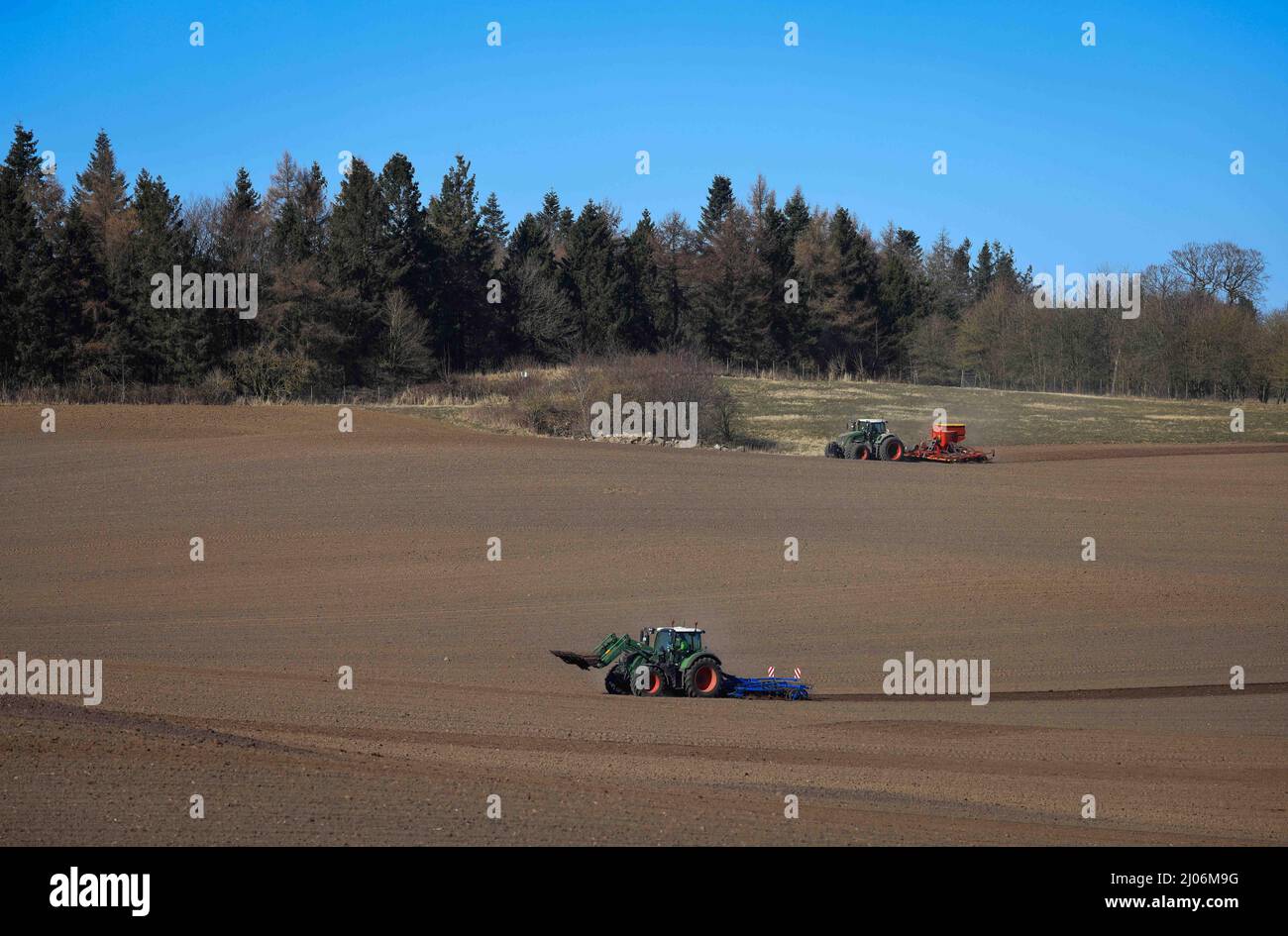 Panker, Germania. 11th Mar 2022. Gli agricoltori scavano e si preparano a seminare avena in un campo vicino a Gut Panker appartenente alla Hessische Hausstiftung. Per conservare le grandi aziende dello Schleswig-Holstein sono necessarie aziende agricole forti. (A dpa-Korr 'Vacanze nella fattoria davvero grande: Turismo immobiliare nel nord') Credit: Christian Charisius/dpa/Alamy Live News Foto Stock