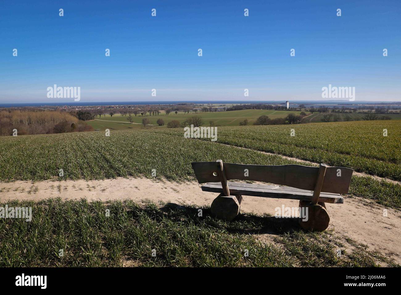 Panker, Germania. 11th Mar 2022. Una panchina con vista sul Mar Baltico si trova nella tenuta Gut Panker della Hessische Hausstiftung. Per mantenere le grandi proprietà nello Schleswig-Holstein, sono necessarie imprese solide. Dove l'agricoltura e la silvicoltura non sono sufficienti, i signori e le Signore della proprietà contano sui mercati e sugli eventi di Natale. (A dpa-Korr 'Vacanze nella fattoria davvero grande: Turismo immobiliare nel nord') Credit: Christian Charisius/dpa/Alamy Live News Foto Stock