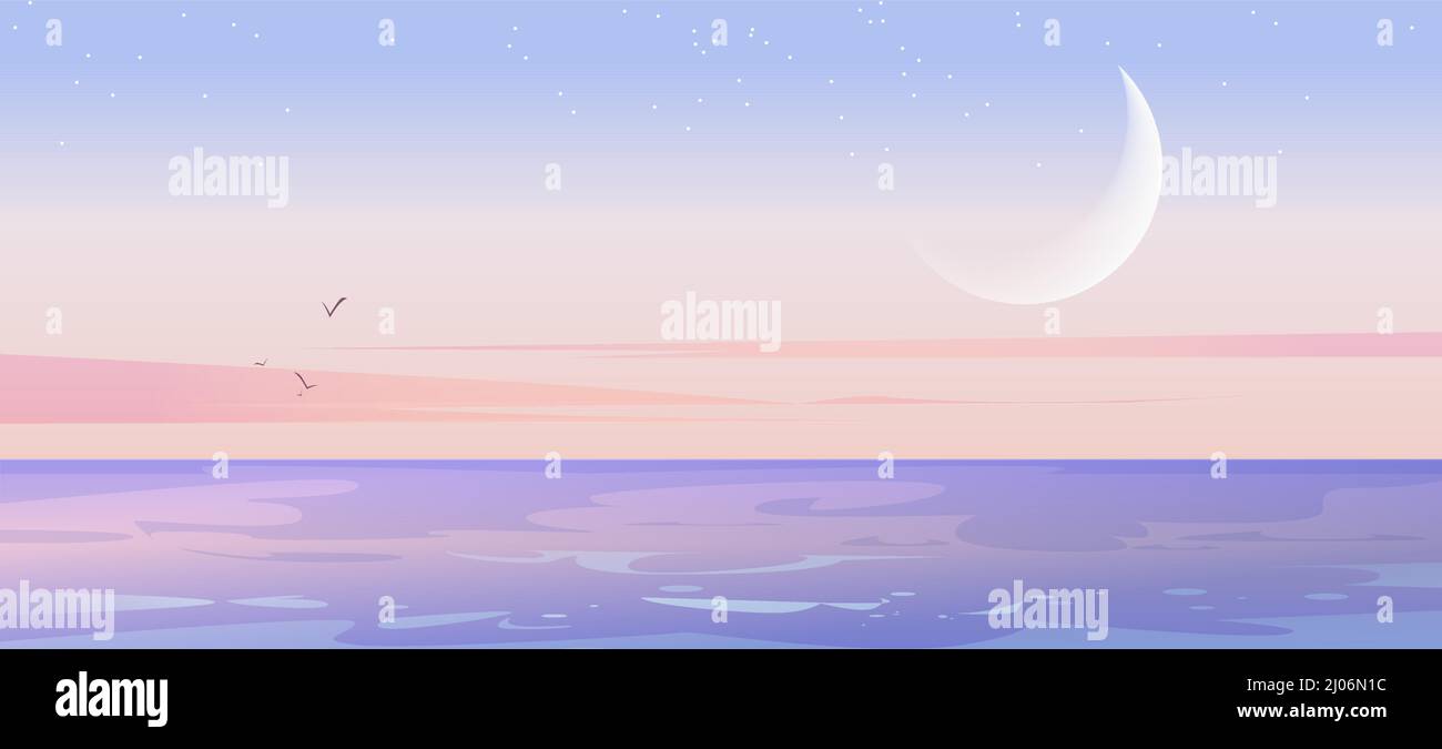 Paesaggio marino con luna e stelle in cielo al mattino presto. Illustrazione vettoriale di cartoni animati di scena pacifica della natura con il mare, la laguna dell'oceano o il lago dopo il tramonto Illustrazione Vettoriale
