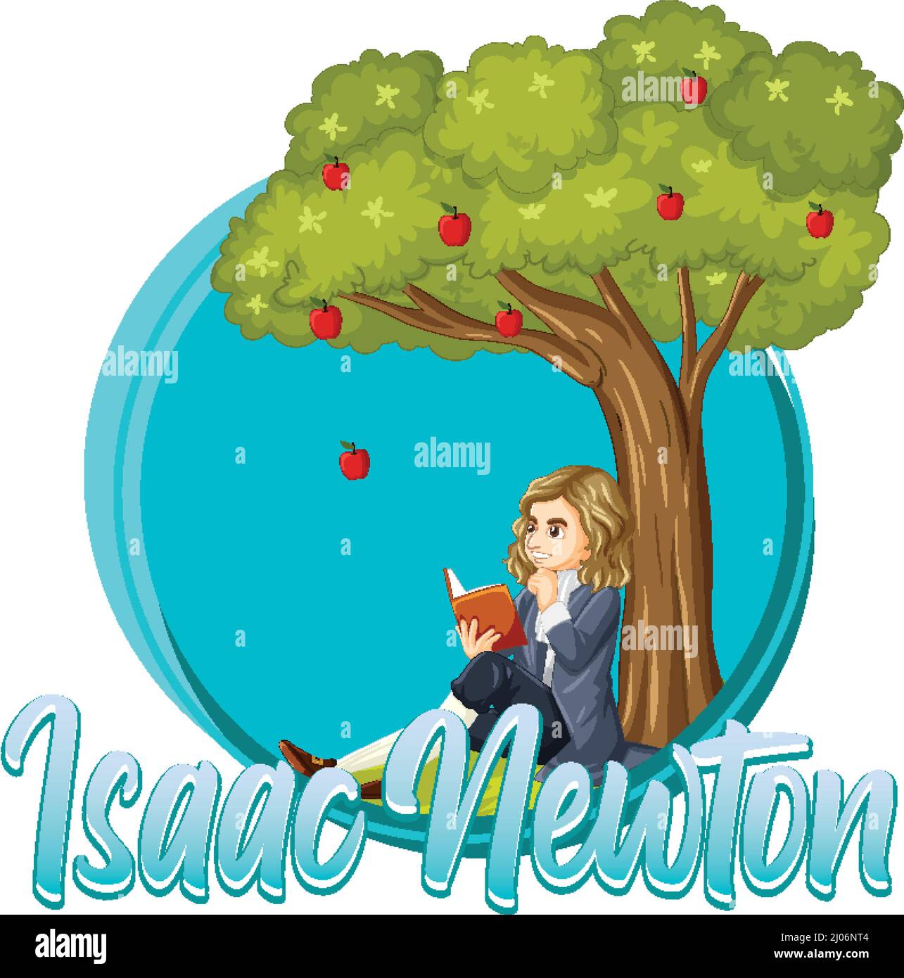 Isaac Newton seduto sotto l'illustrazione dell'albero della mela Illustrazione Vettoriale