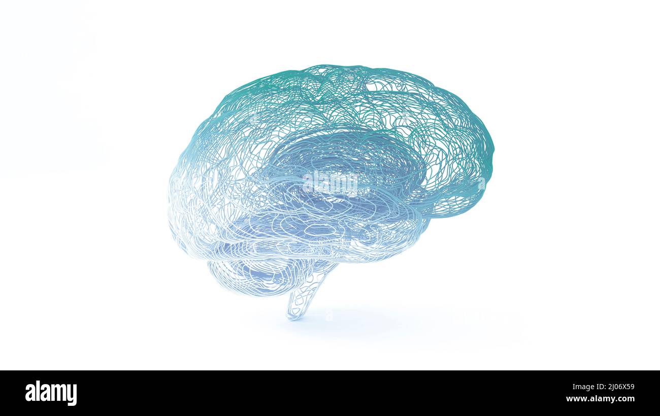 Le linee a reticolo del cervello modellano più colori. Isolato su sfondo bianco collegato neuroni Foto Stock