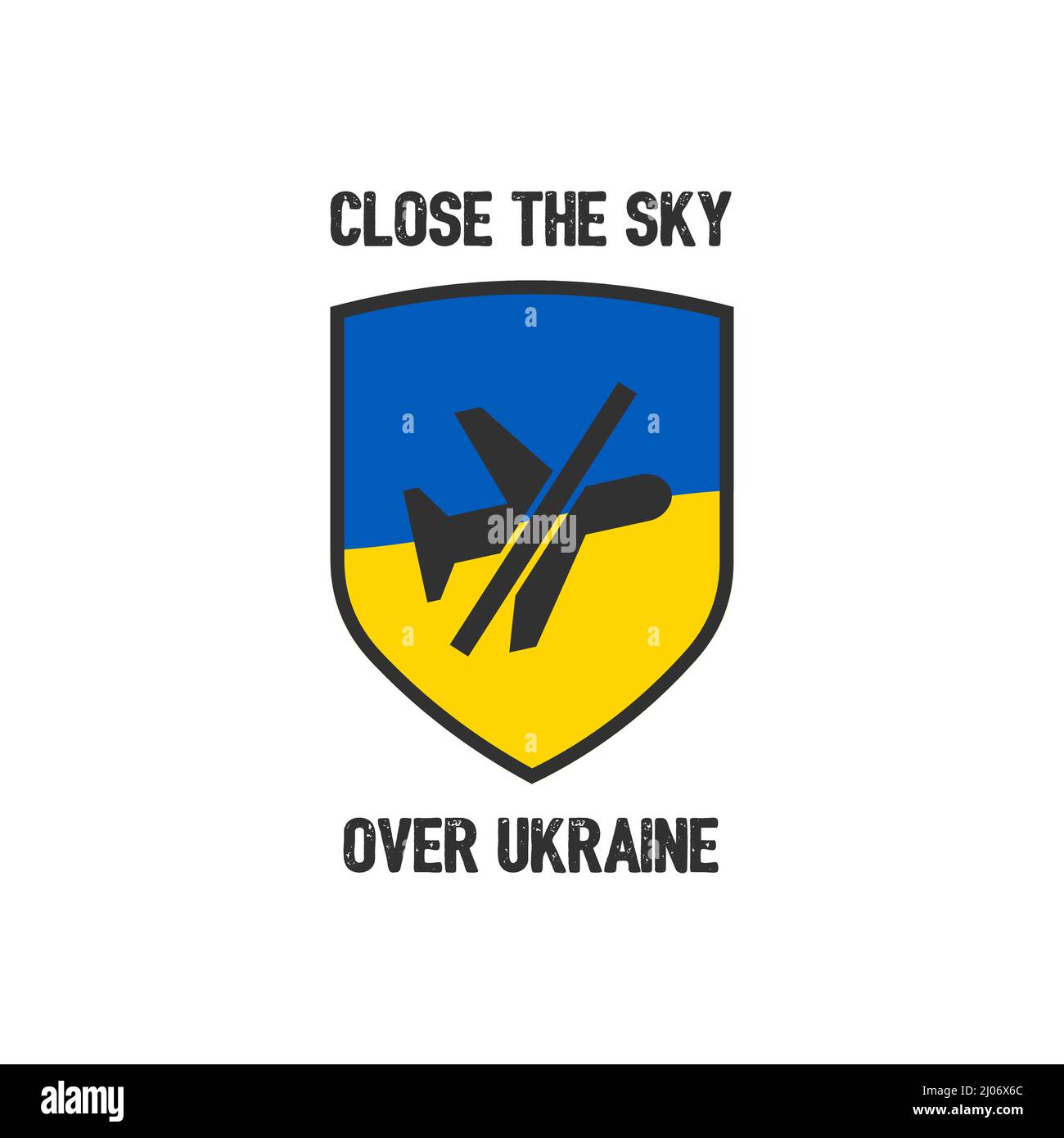 Chiudere lo scudo slogan del cielo dell'Ucraina con l'aereo che vieta segno. Protesta contro la guerra in Ucraina. Illustrazione Vettoriale