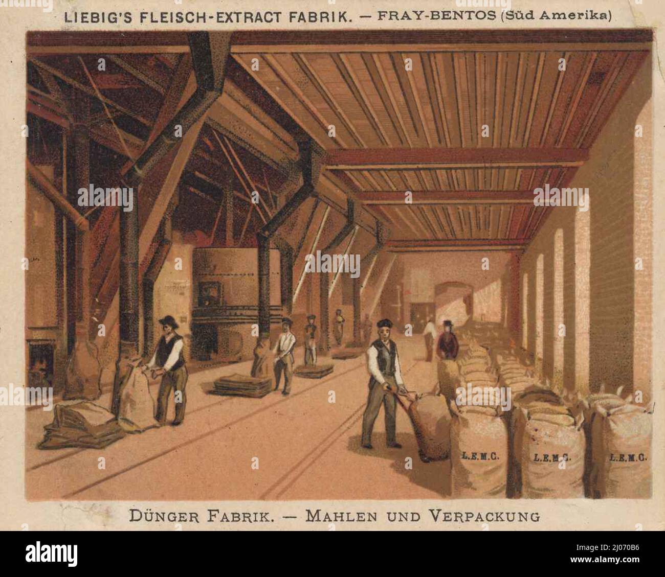 Serie Industrieanlagen, Fleisch Extrakt Fabrikation, Fray-Bentos, Argentinien, Düngerfabrik, Mahlen und Verpackung / Series impianti industriali, fabbricazione di estratti di carne, Fray-Bentos, Argentina, Fertilizer Factory, Macinazione e imballaggio, digitale migliorata la riproduzione di un'immagine da collezione della Liebig azienda, stimato da 1900, pd / digitale verbesserte Reproduktion eines Sammelbildes von ca 1900, gemeinfrei Foto Stock