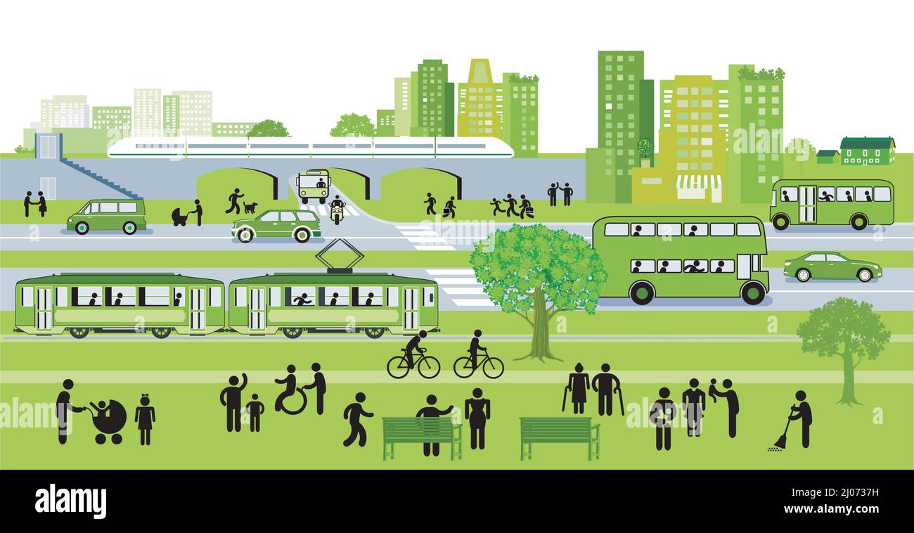 Città verde con trasporto locale, illustrazione Illustrazione Vettoriale