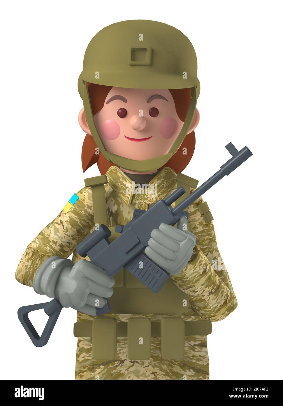 Personaggio Cartoon 3D avatar donna soldato ucraino in attrezzatura da combattimento isolato su bianco Foto Stock