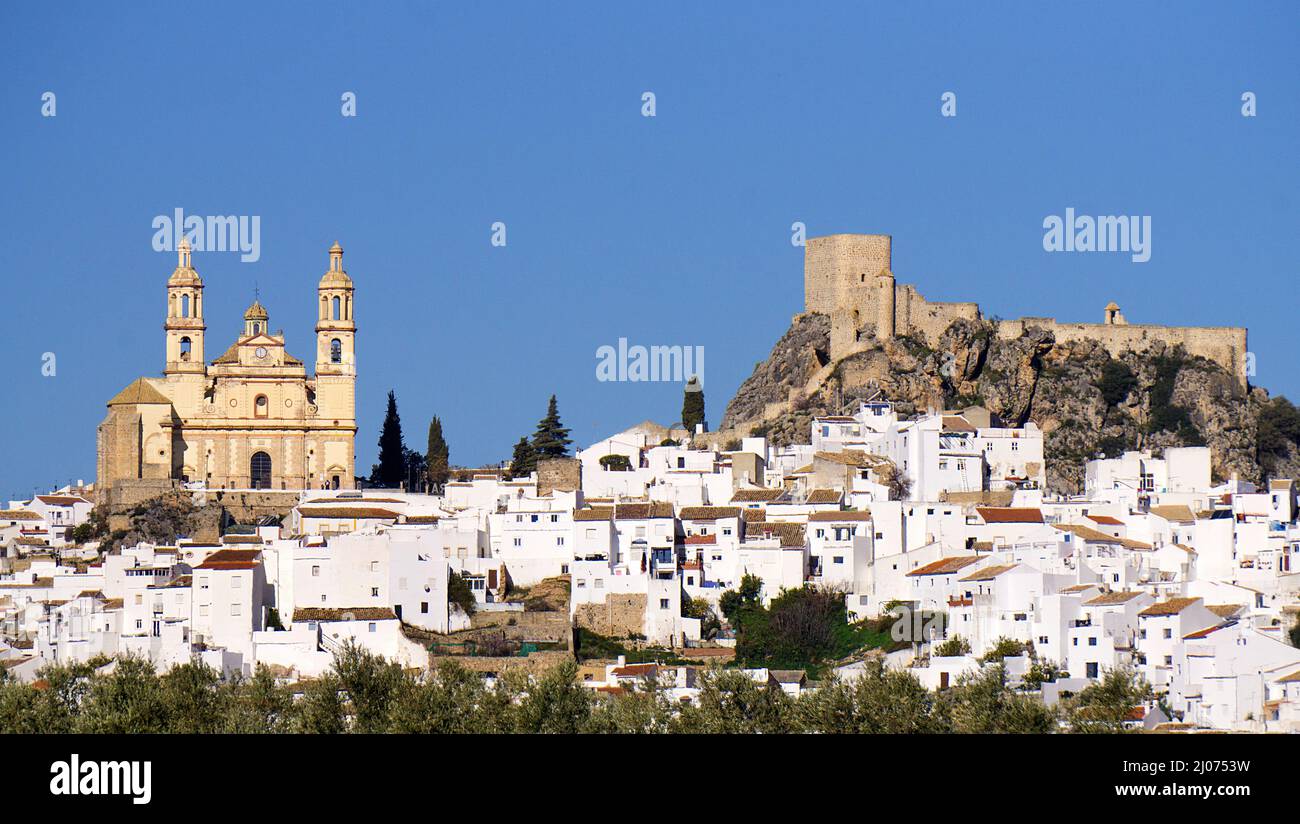Il villaggio bianco Olvera con castello e chiesa Nuestra Señora de la Encarnacion, Olvera, pueblo blanco, provincia di Cadice, Andalusia, Spagna Foto Stock