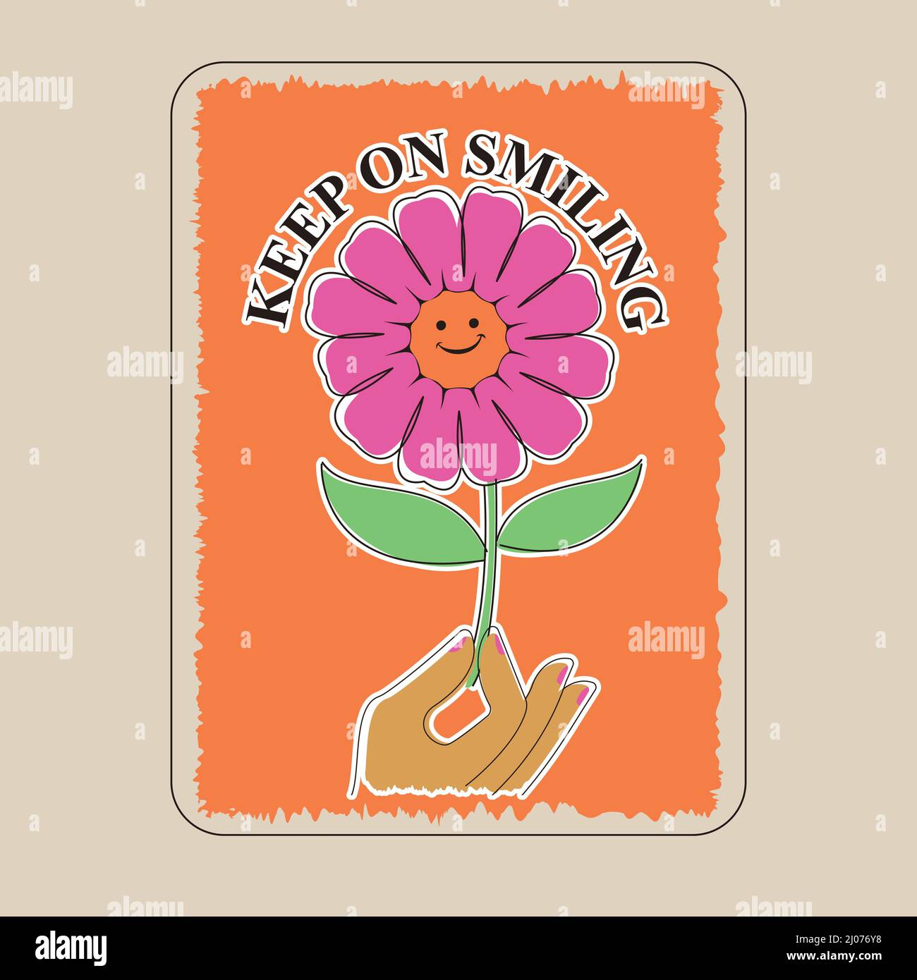 Fiore divertente sorridente vintage. Personaggio e slogan divertenti continuano a sorridere. Illustrazione Vettoriale