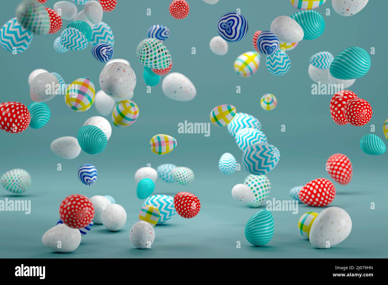 Uova di Pasqua colorate galleggianti nell'aria. 3d illustrazione Foto Stock
