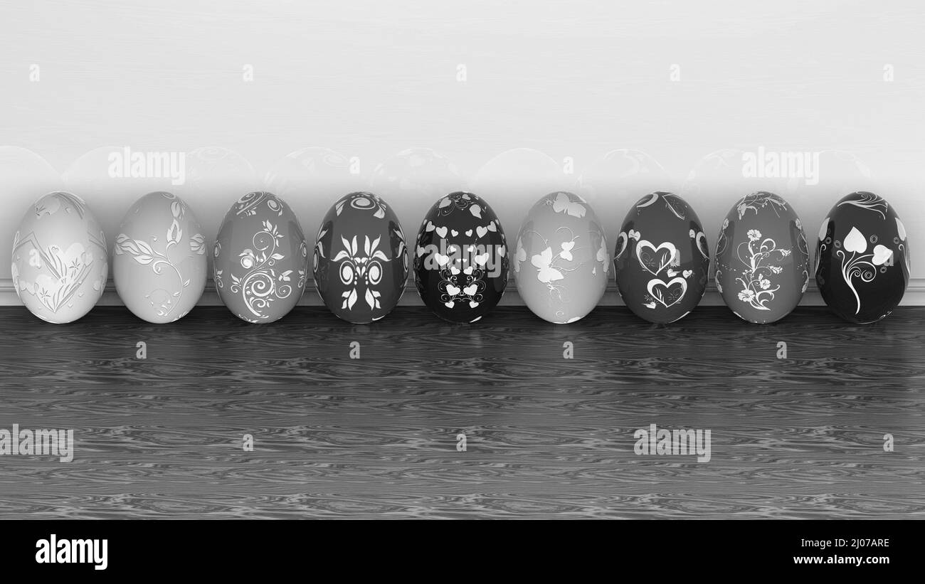 3D'illustrazione. Serie decorato uovo di Pasqua. Uova decorate in bianco e nero Foto Stock