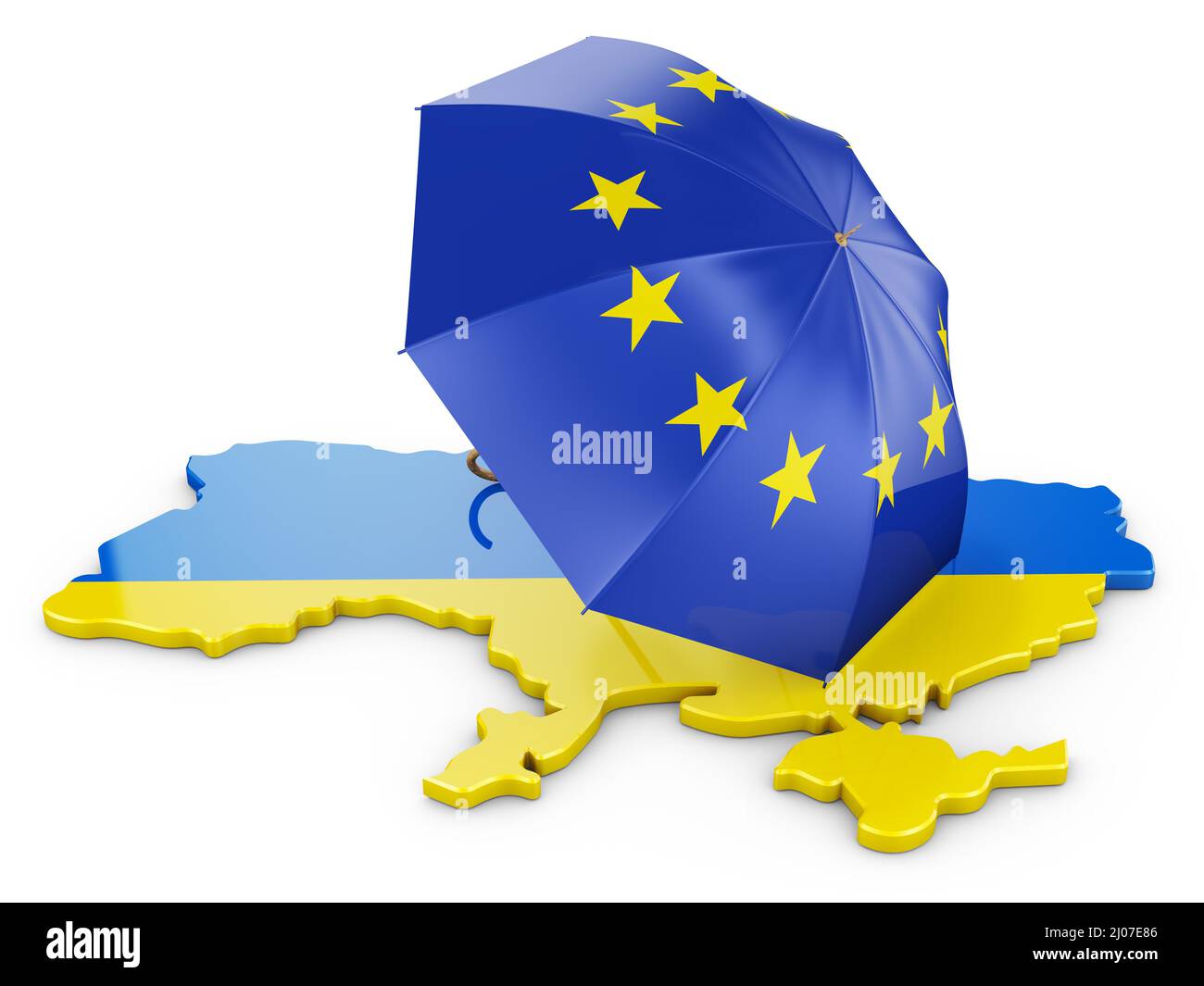 Ombrello con l'immagine della bandiera dell'Unione europea sulla mappa dell'Ucraina. 3d rendering. Foto Stock