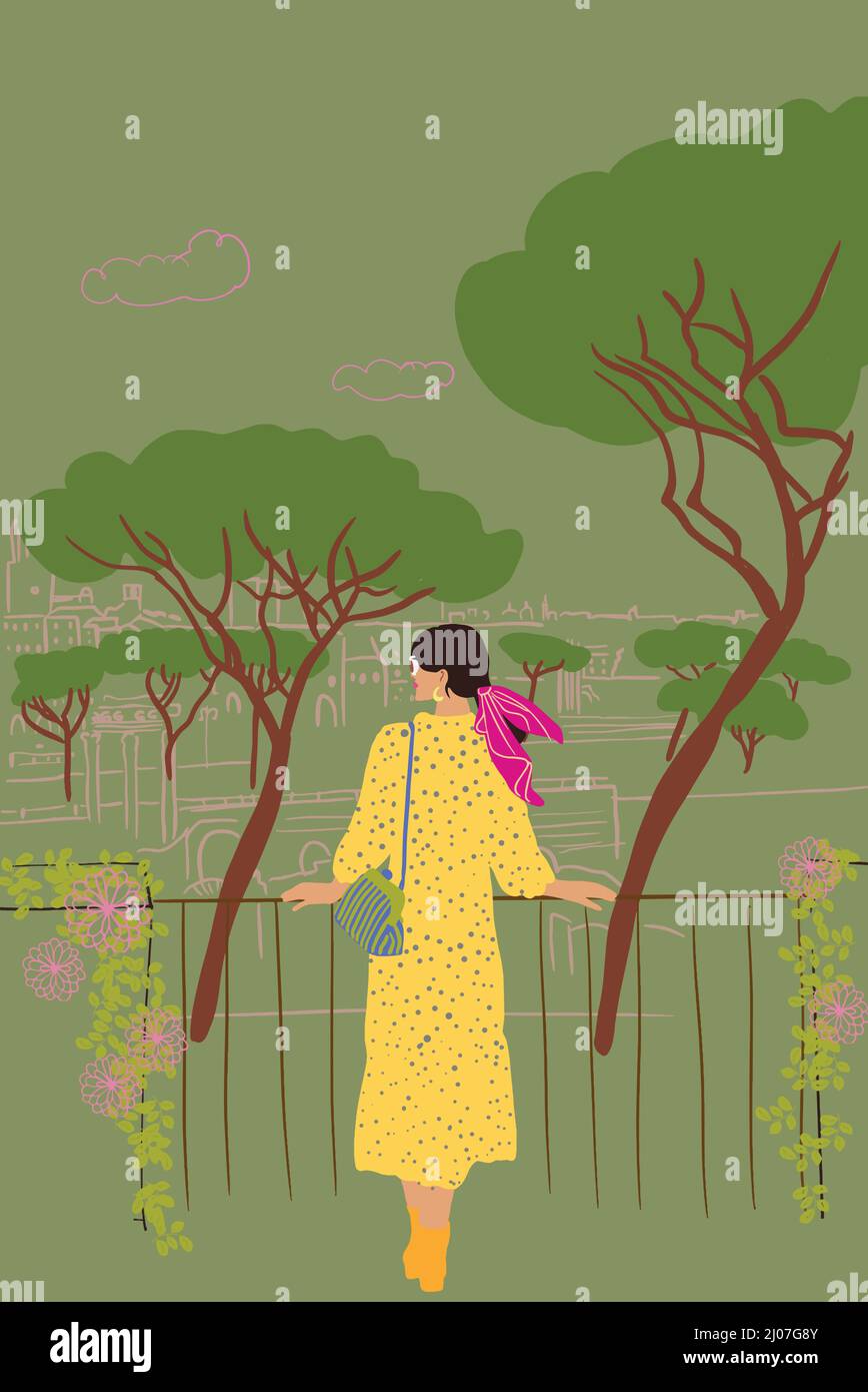Donna elegante in abito giallo che gode di una splendida vista sulla città vecchia e gli alti alberi durante il viaggio a Roma. Concetto di vacanza estiva e viaggi. Illustrazione vettoriale Illustrazione Vettoriale