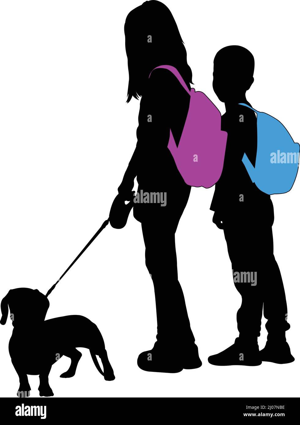 ragazza e ragazzo con zaini con la loro silhouette del cane - vettore Illustrazione Vettoriale