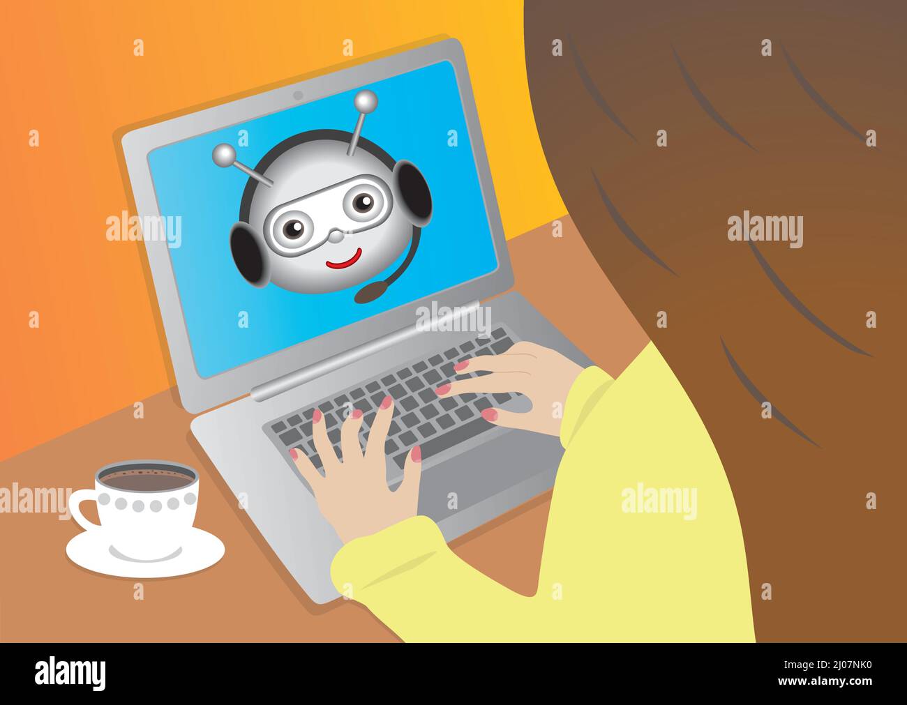 Donna con chat bot su computor. Illustrazione vettoriale. Dimensione 16:9. Illustrazione Vettoriale