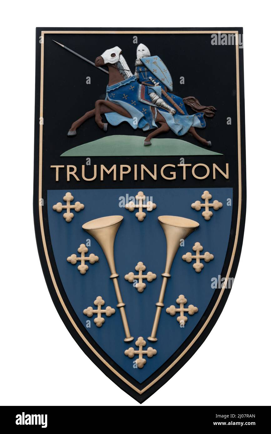 Crest del villaggio di Trumpington a Cambridge, Regno Unito Foto Stock